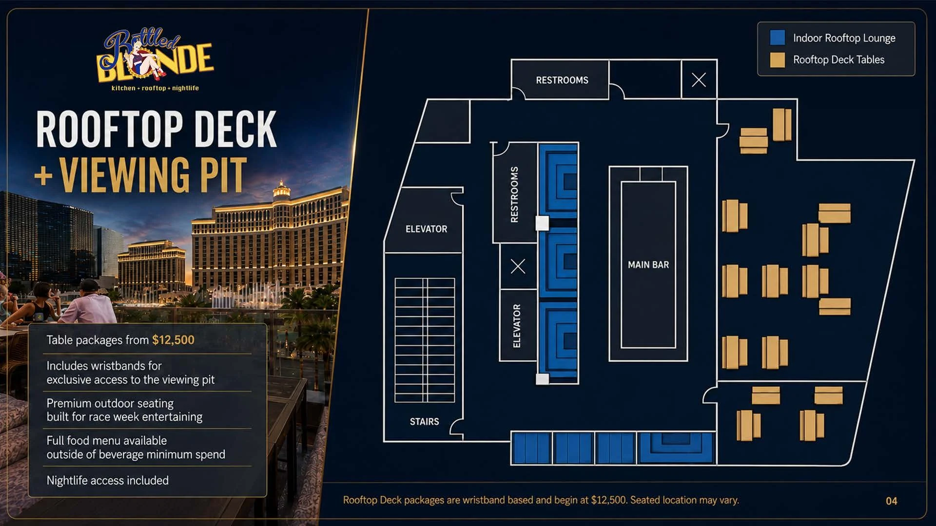 Rooftop floor plan showing the Indoor Rooftop Lounge seating and the Rooftop Deck tables beside the Viewing Pit. Rooftop Deck table packages from $12,500 include wristbands for exclusive Viewing Pit access.