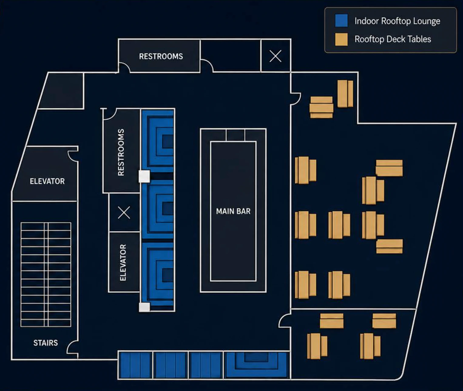 Rooftop floor plan showing the Indoor Rooftop Lounge seating (blue) and the Rooftop Deck tables (gold) beside the Viewing Pit.