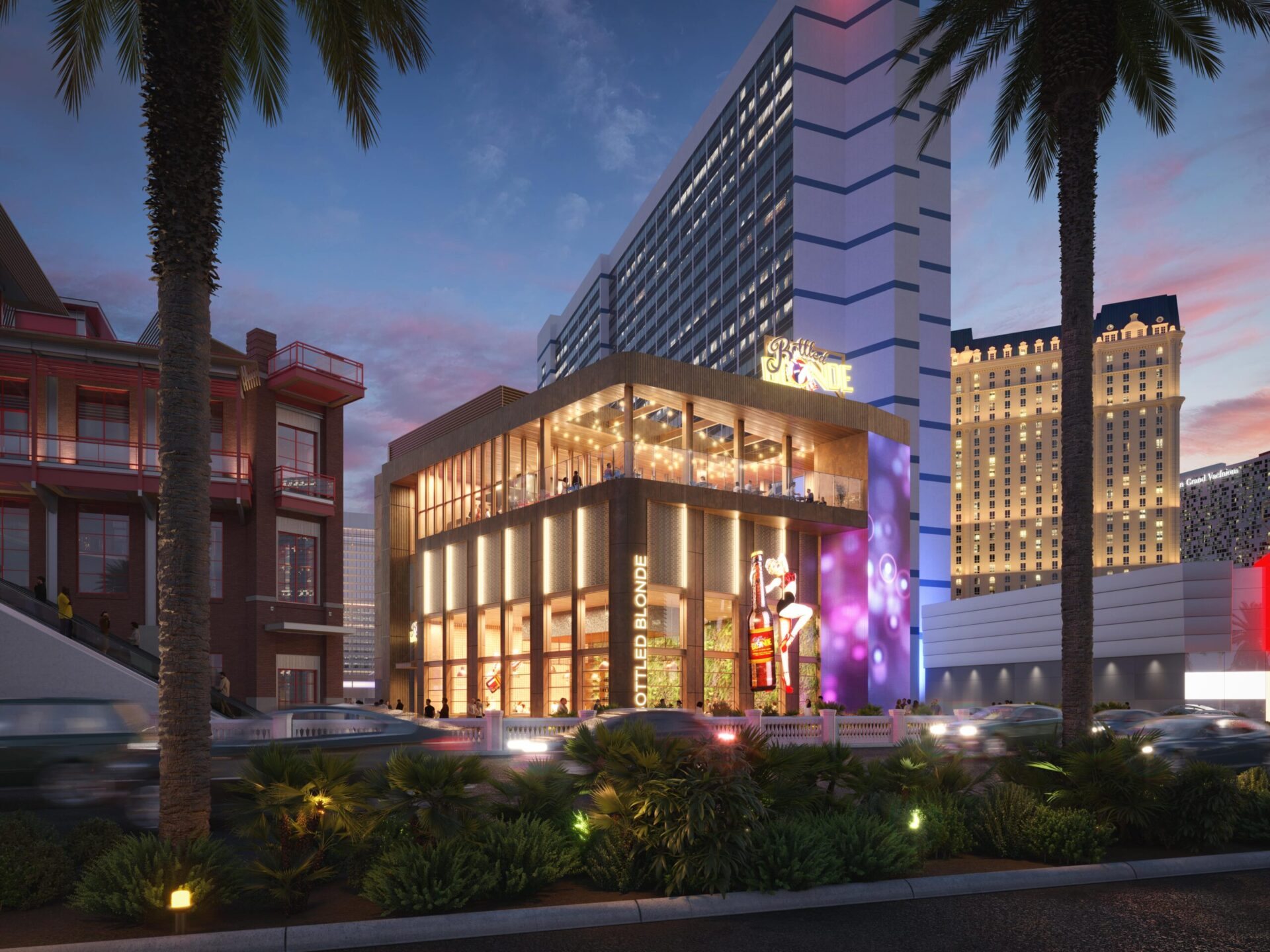 Bottled Blonde building exterior at sunset, featuring a modern glass facade, vibrant neon signage, and palm trees in the foreground, with a backdrop of high-rise hotels and a glowing pink and purple sky.