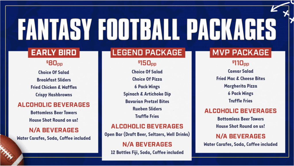Fantasy Football Packages menu showing Early Bird for $80, Legend Package for $150, and MVP Package for $110, each with food items and alcoholic and non-alcoholic beverage options.