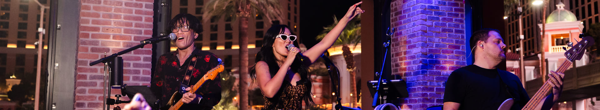 Singer and band performing live at indoor venue with audience