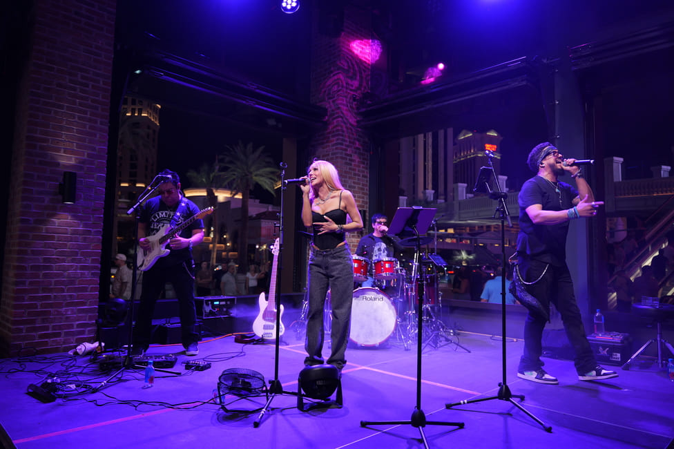 Singer and band performing live at indoor venue with audience