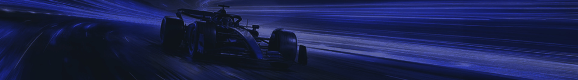 Dark, stylized image of a Formula 1 race car speeding on a curved track at night, illuminated with dynamic blue light trails.