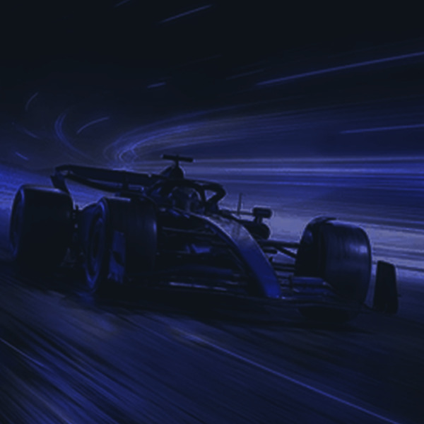 Dark, stylized image of a Formula 1 race car speeding on a curved track at night, illuminated with dynamic blue light trails.
