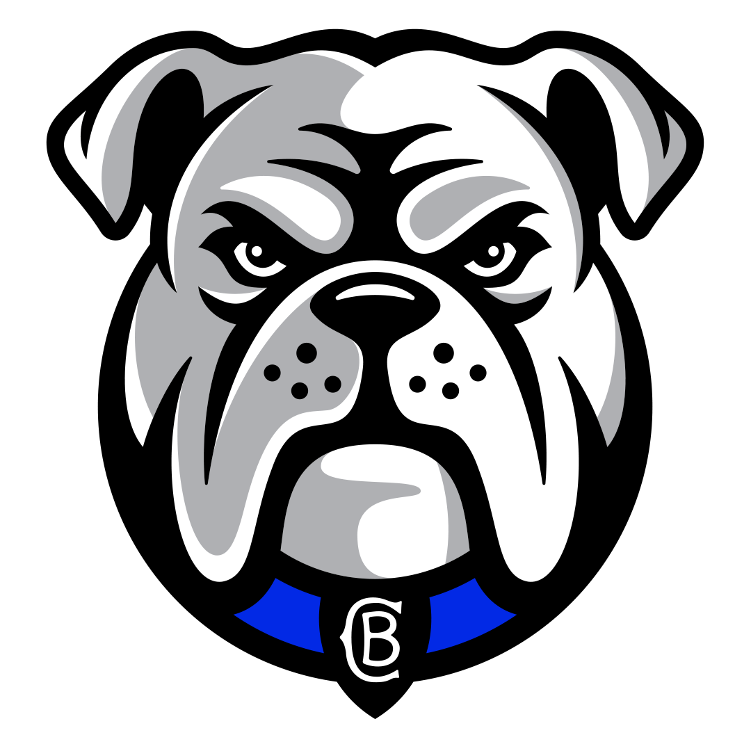 Stylized bulldog head logo in black, white, and gray with blue accents and a letter B on the collar.